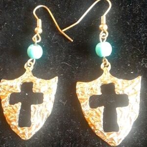 Beautiful Cross Earrings w/Faux Turquoise Bead.